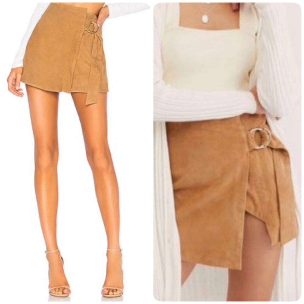 Understated Leather Suede Tan Mini Wrap Skirt Ring Detail Small S Revolve